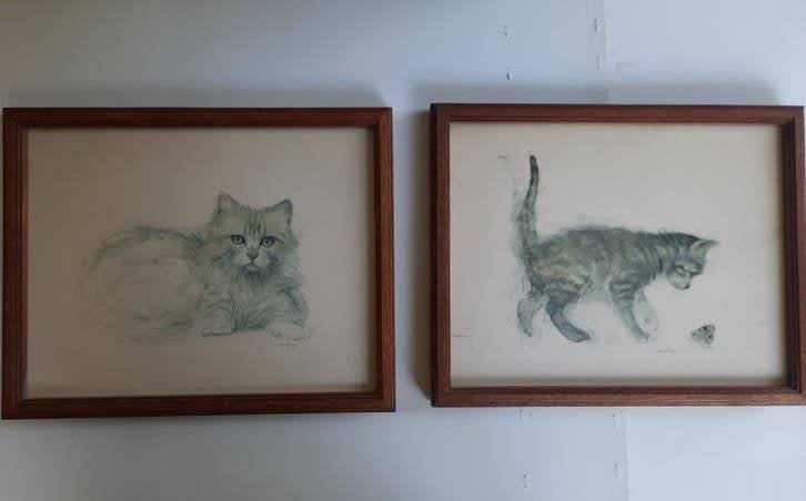 Mads Stage poezenschilderijen - afbeeldingen, Schilderij, Ophalen of Verzenden, Zo goed als nieuw, 34 cm