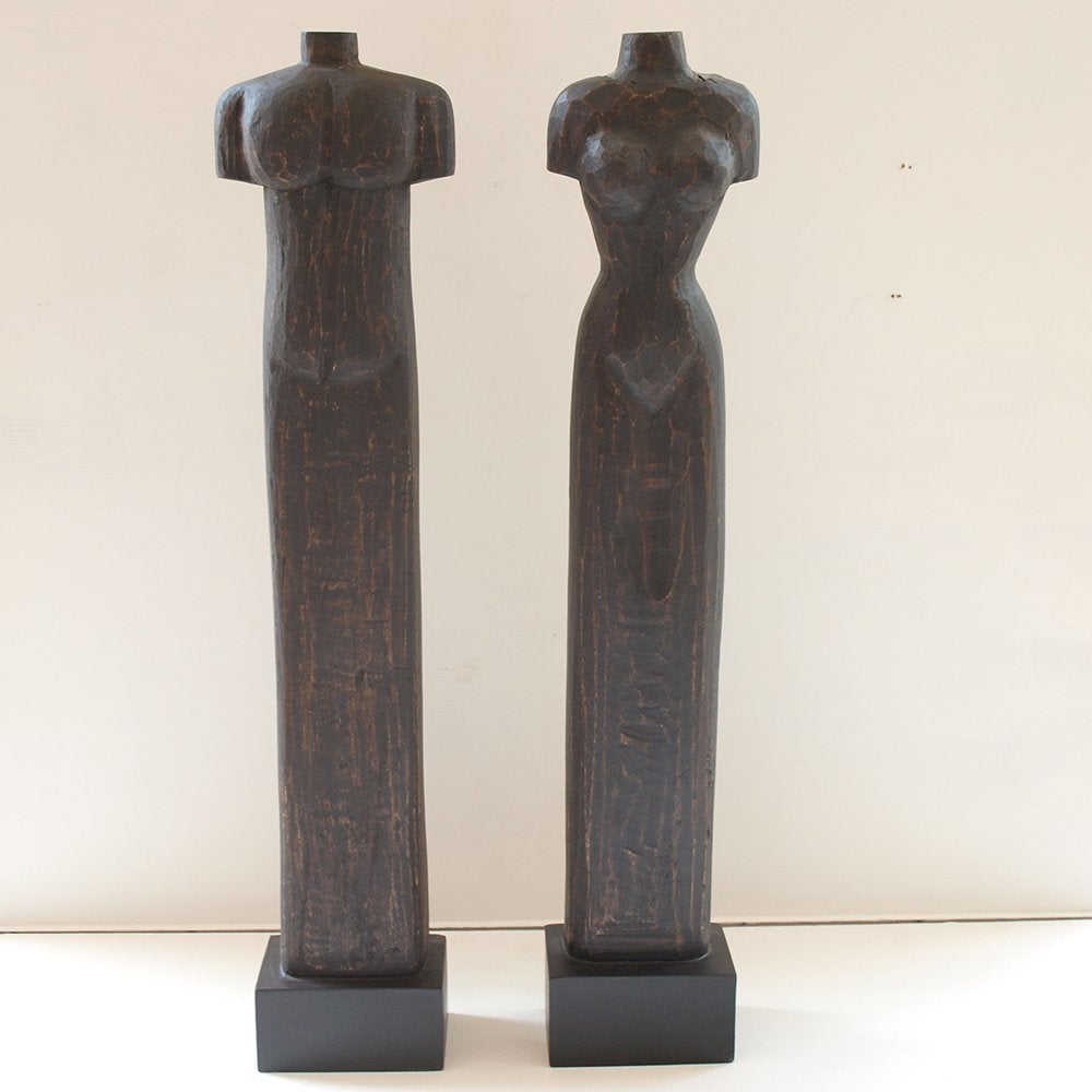 Torso Man & vrouw, Houtsnijwerk, Handgemaakt, Bruin, Europa