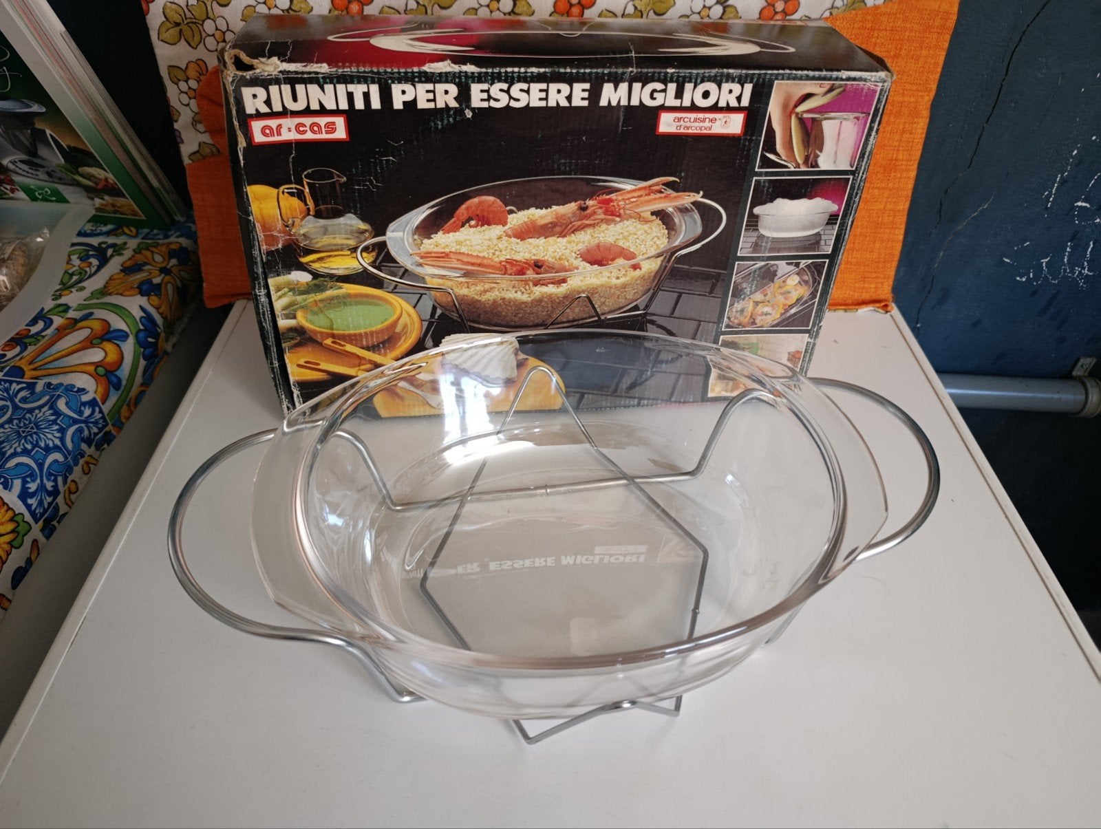 Vintage Ar-Cas Glazen Ovenschaal met Metalen Houder, Huis en Inrichting, Ophalen of Verzenden, Zo goed als nieuw, Overige merken