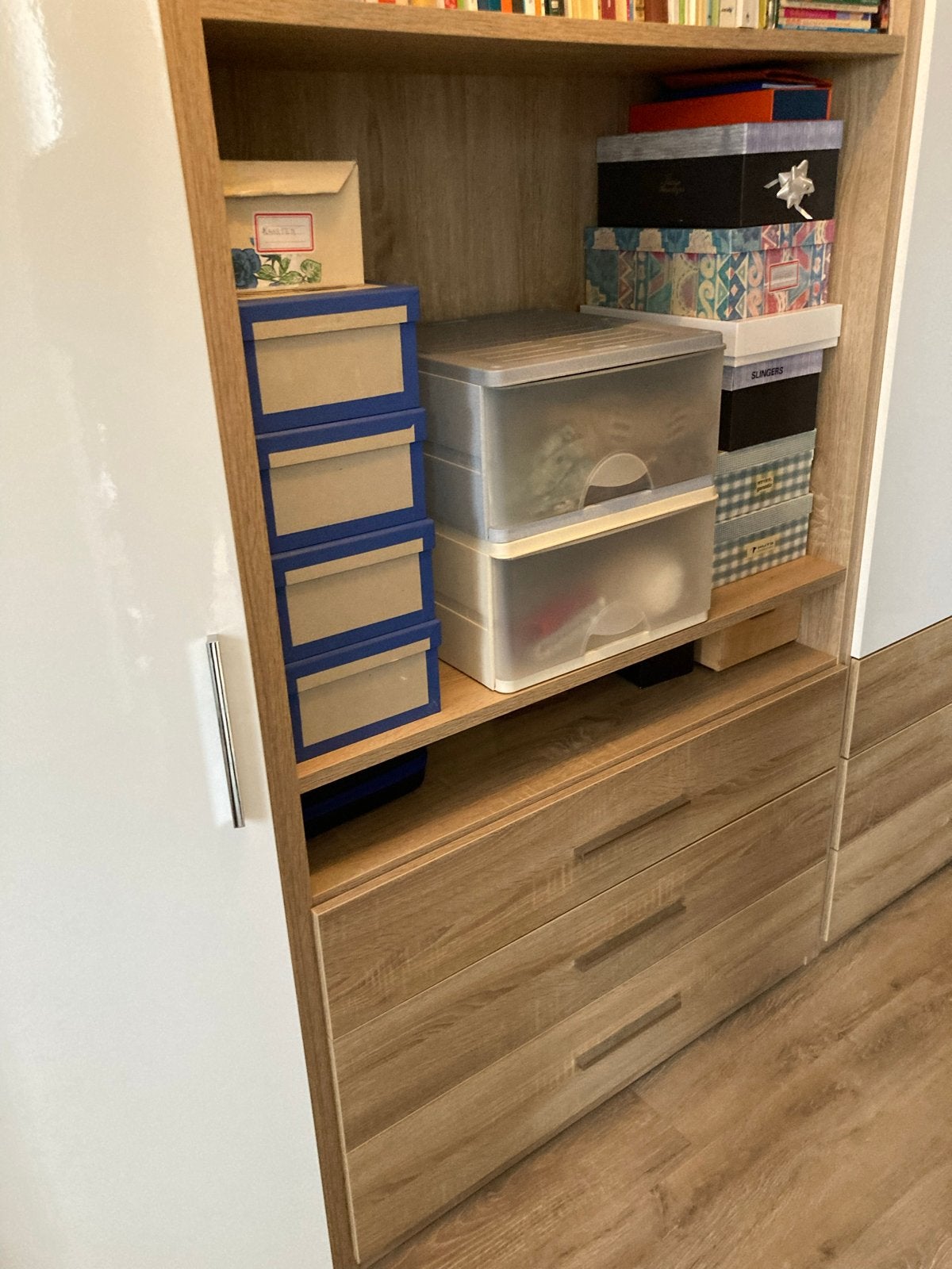 Boeken- en linnenkast met lades en deuren - Modern design, Ophalen, Gebruikt, 200 cm of meer, Met lade(s)