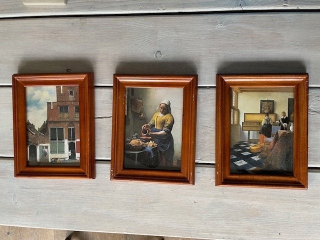 3 ingelijste afbeelding Vermeer Oa Melkmeisje / Het straatje, Schilderij, Achter glas, Klassiek, Zo goed als nieuw