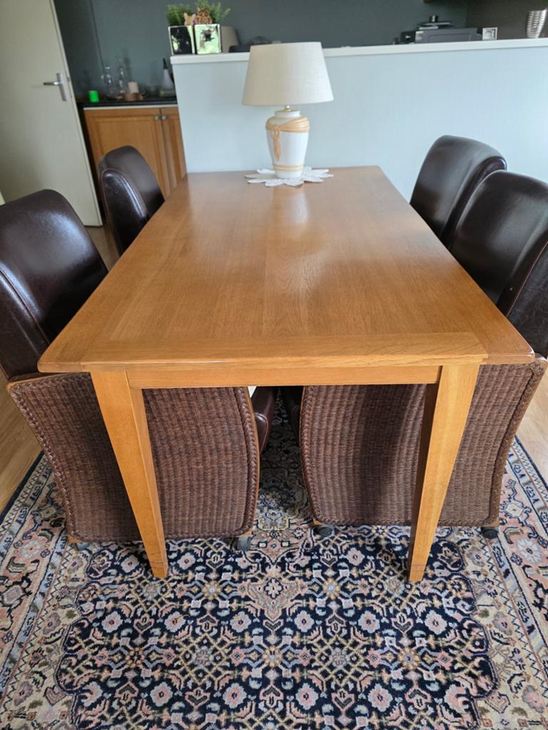 Elegante eiken eettafel en (uitschuifbare) salontafel, Ophalen, 50 tot 100 cm, Zo goed als nieuw, 150 tot 200 cm