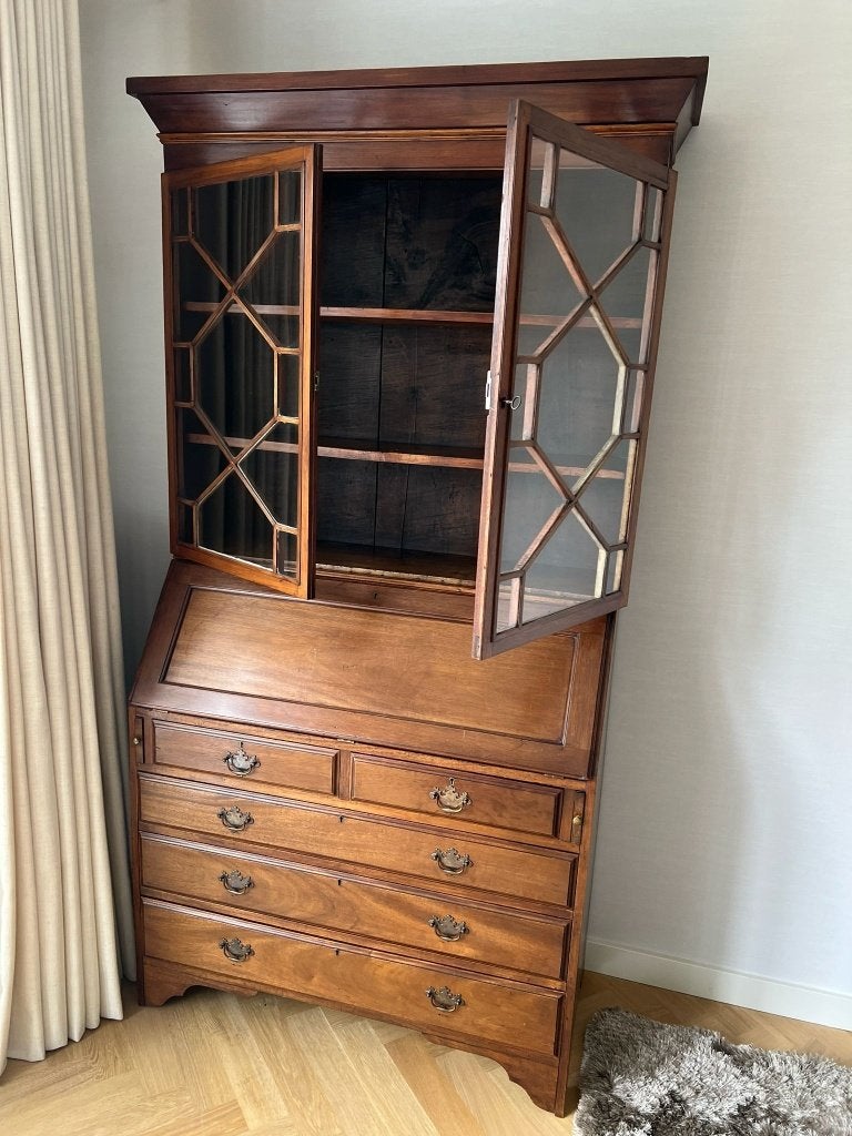 fraaie antieke mahonie houten secretaire met laden + vitrine, Ophalen, Gebruikt