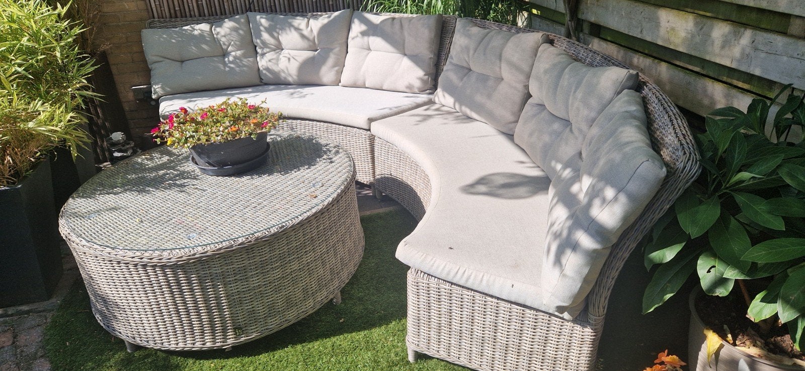 Wicker Loungeset met Ronde Salontafel, Tuin en Terras, Tuinsets en Loungesets, Ophalen, 5 zitplaatsen, Gebruikt, Bank