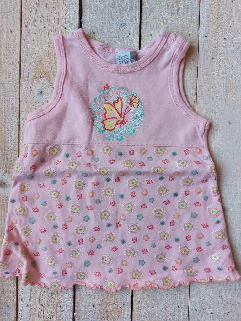 Roze jurkje met vlinder en bloemen, maat 74, Kinderen en Baby's, Babykleding | Maat 74, Jurkje of Rokje, Zo goed als nieuw, Onbekend