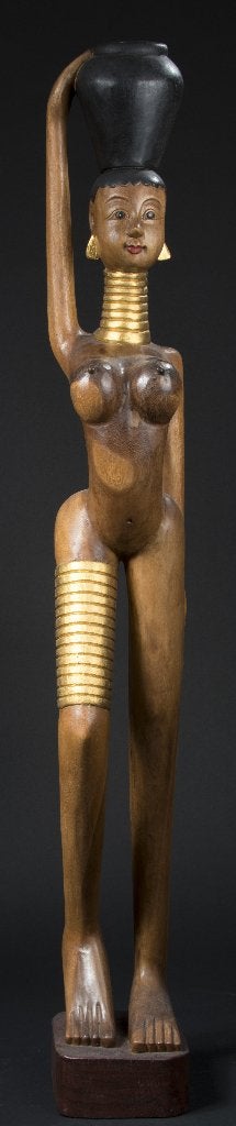 Beeld Thaise longneck vrouw met waterpot, Ophalen, Houtsnijwerk, 1 meter - 2 meter, Hout