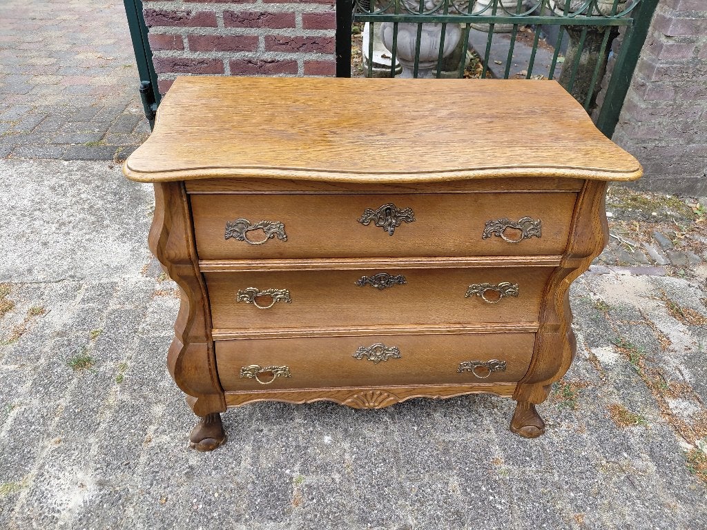 Barokstijl eiken 3-laden buikcommode, bxdxh = 75x40x65 cm., Eikenhout, 50 tot 100 cm, 3 of 4 laden, Niet bekend