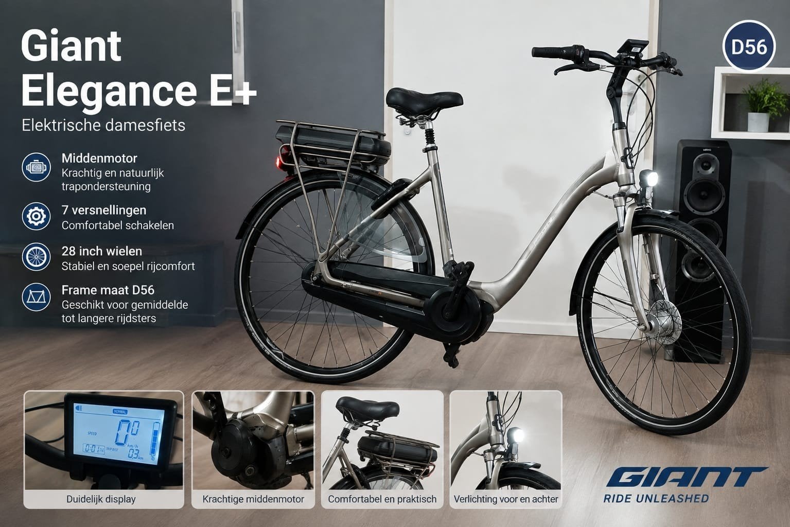 Giant Elegance E+Elektrische Fiets 28" D56 Dames Middenmotor, Ophalen, Giant, Zo goed als nieuw, 50 km per accu of meer