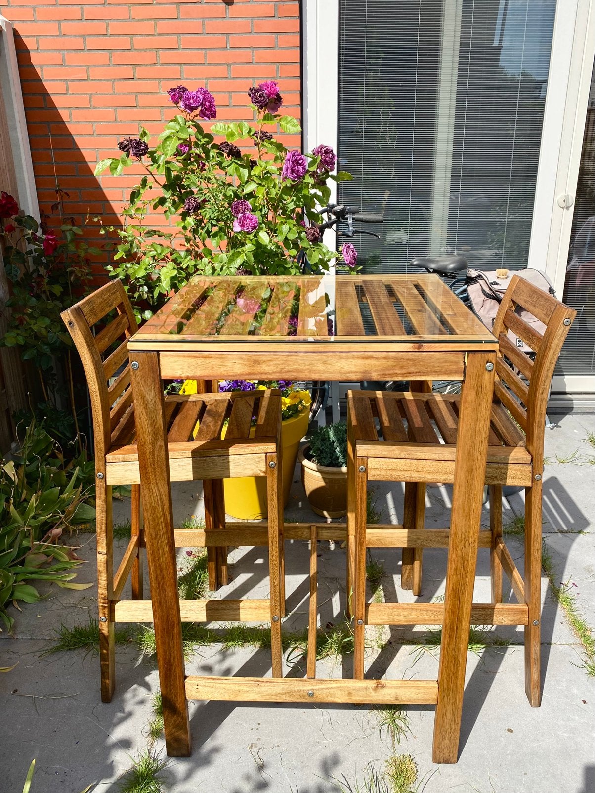 IKEA ÄPPLARÖ Bartafel Set – Tafel & 2 Barkrukken, Eettafel, Zo goed als nieuw, Tuinset, Hout