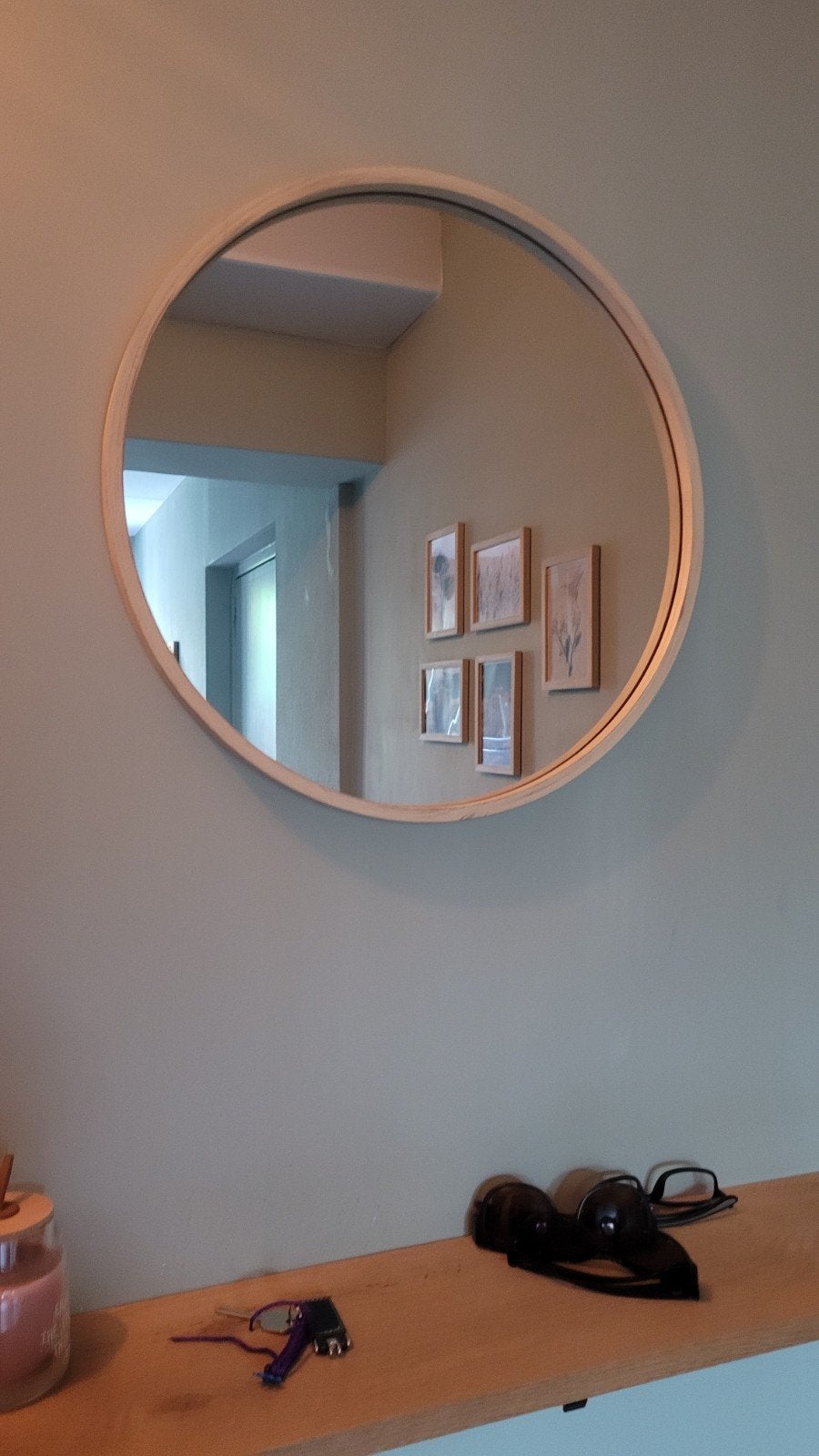 Ronde spiegel met houten frame, Huis en Inrichting, Ophalen, Minder dan 50 cm, Rond, Zo goed als nieuw