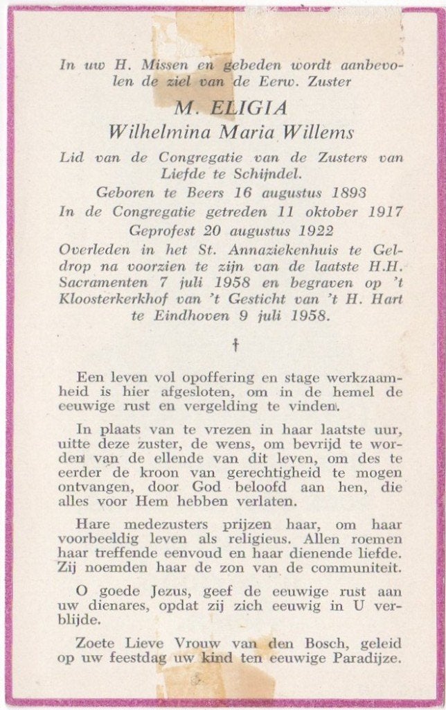 zr. Wilhelmina M. Willems 1893 Beers + 1958 Geldrop, 64 jaar, Verzenden
