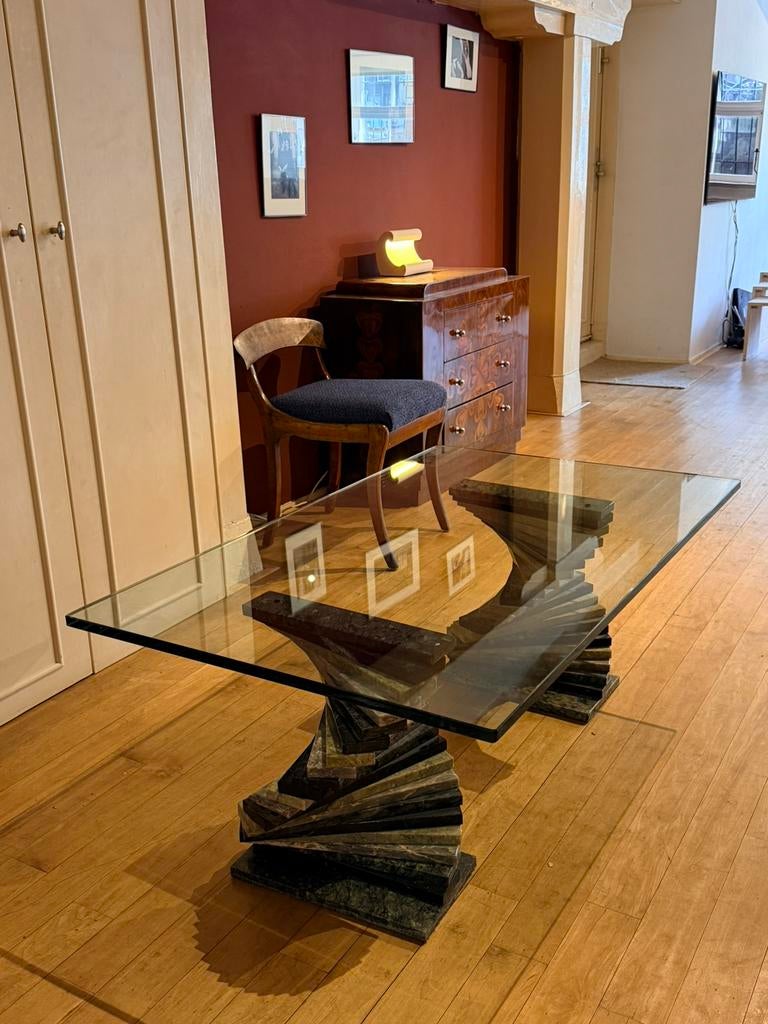 Art deco salontafel - marmer met glas, Ophalen, 100 tot 150 cm, 50 tot 100 cm, Japandi scandi artdeco marmer travertin koffietafel salontafel