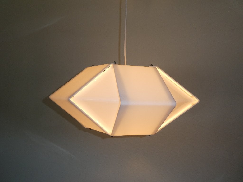 Vintage design jaren 80 kunststof lamellen hanglamp, Kunststof, Gebruikt, Vintage, E27 (groot)