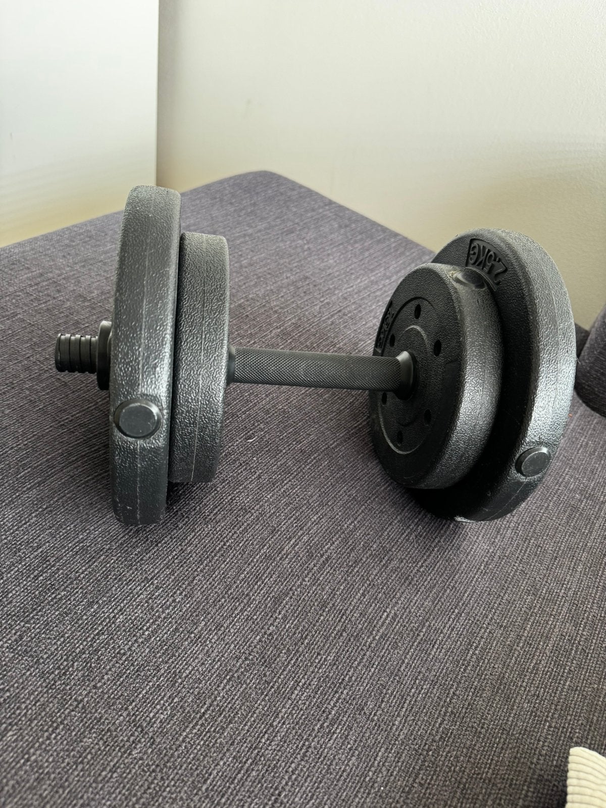 Halterset met gewichten en trainingsbank 62 kg aan gewichten, Ophalen, Gebruikt, Armen, Halterset