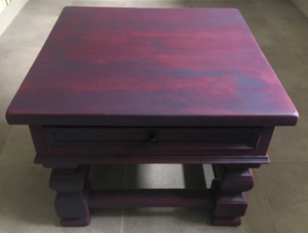 stoere tafel in een mooie combi blauw / paars - teak hout, Ophalen, 50 tot 100 cm, 50 tot 100 cm, Zo goed als nieuw
