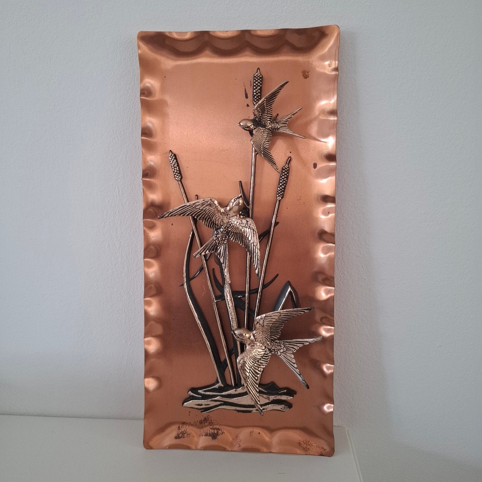 vintage zwaluwen 3D koper kunstwerk, Metaal, Gebruikt, Ophalen of Verzenden, 32 cm
