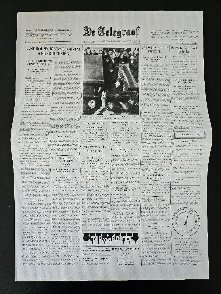afdruk van historische voorpagina Telegraaf van 24-5-1934, Ophalen of Verzenden, 1920 tot 1940, Nederland, Knipsel(s)