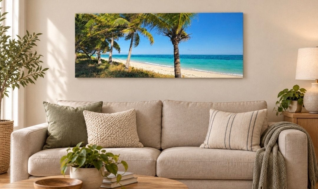 Nieuw plexiglas schilderij strand Bahamas palmbomen 140x60cm, Ophalen of Verzenden, Nieuw, 125 cm of meer, Schilderij