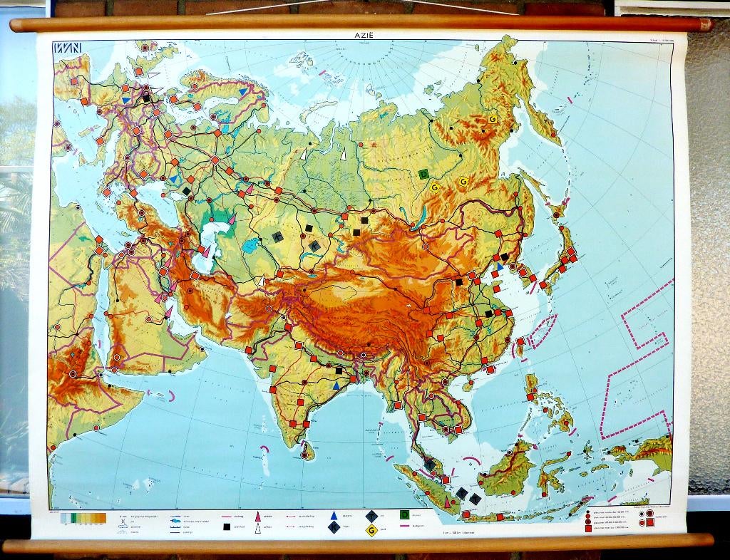 Mooie oude schoolkaart van Azie met Indonesië, Antiek en Kunst, Antiek | Schoolplaten, Aardrijkskunde, Ophalen of Verzenden