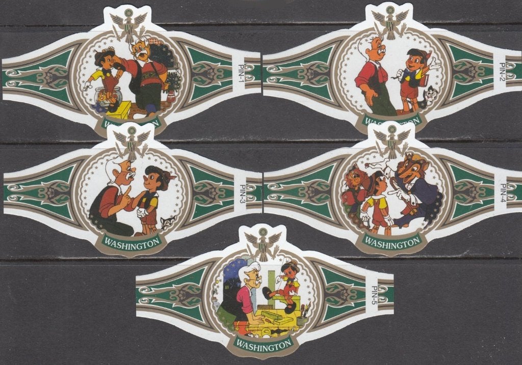Sigarenbanden van Pinokkio, Washington Pin 1-5 groen-wit, Ophalen of Verzenden, Nieuw, Sigarenbandjes