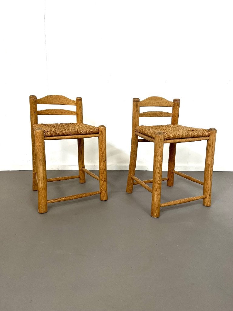 Vintage eiken Zweedse krukken met rieten zittingen jaren 60., Ophalen of Verzenden, Gebruikt, Hout