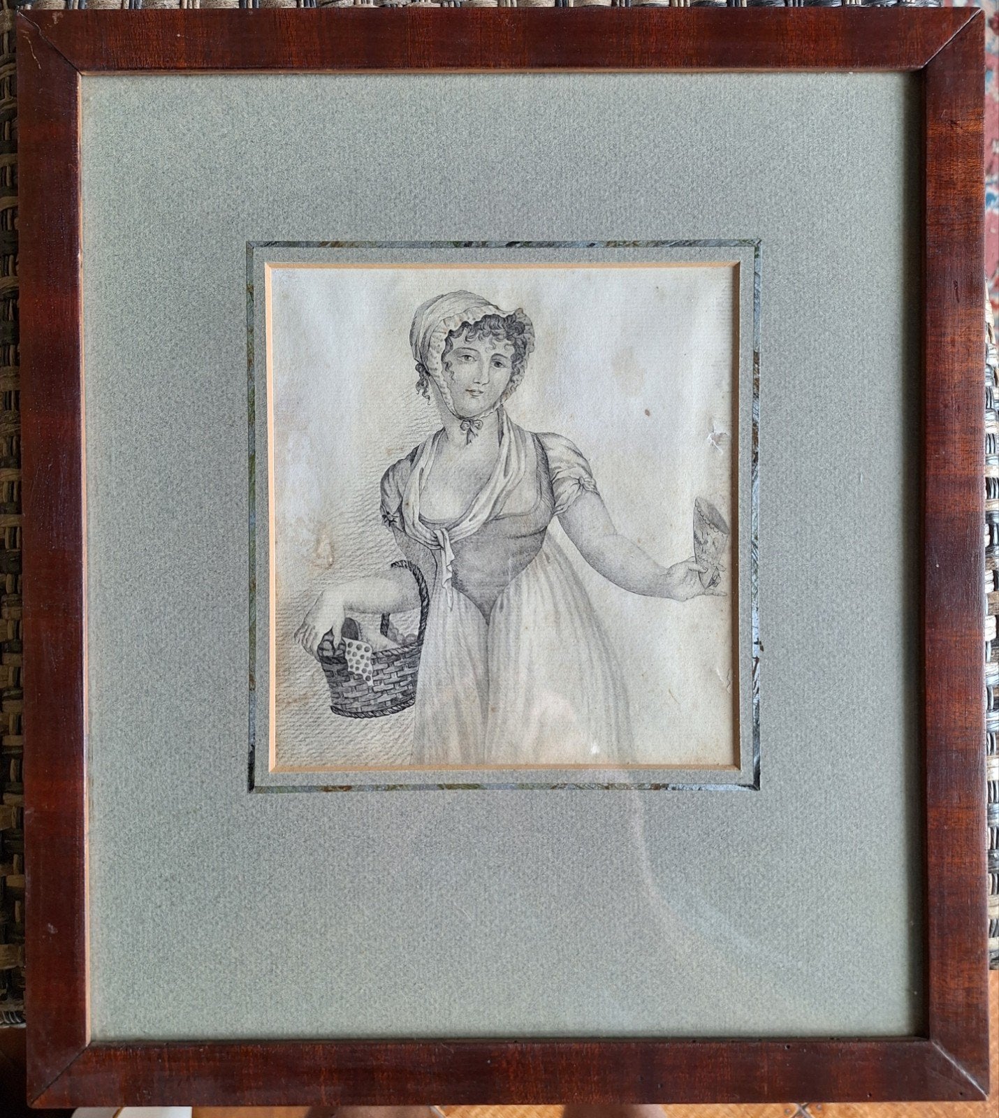 Antieke Franse Prent: 'La Marchande de Plaisirs' Tekening, Verzenden, Tekening, Pentekening, Gesigneerd