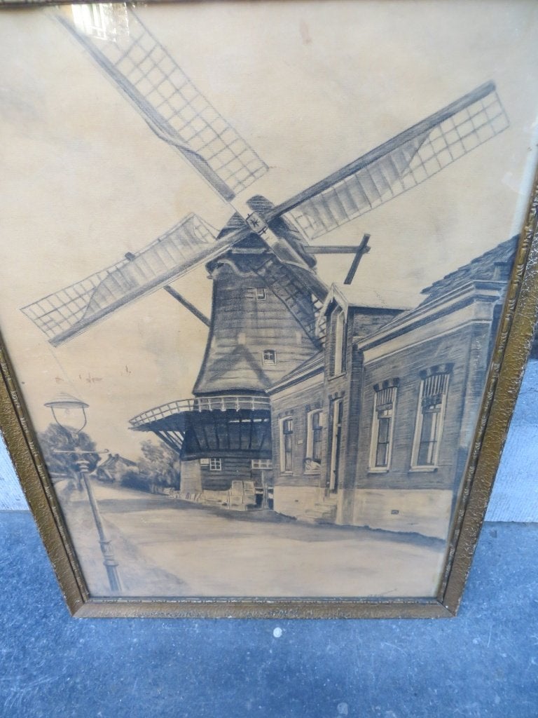 Rotterdam, Molen "" DE HOOP "" Kralingen ""  VERBRANDT "", Ophalen, Tekening, Potloodtekening