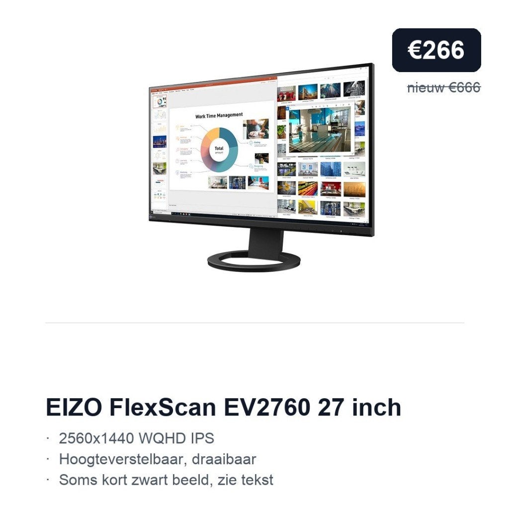 EIZO EV2760 27 inch WQHD | adviesprijs nieuw €666, nu €266, Gebruikt, IPS, In hoogte verstelbaar, DisplayPort