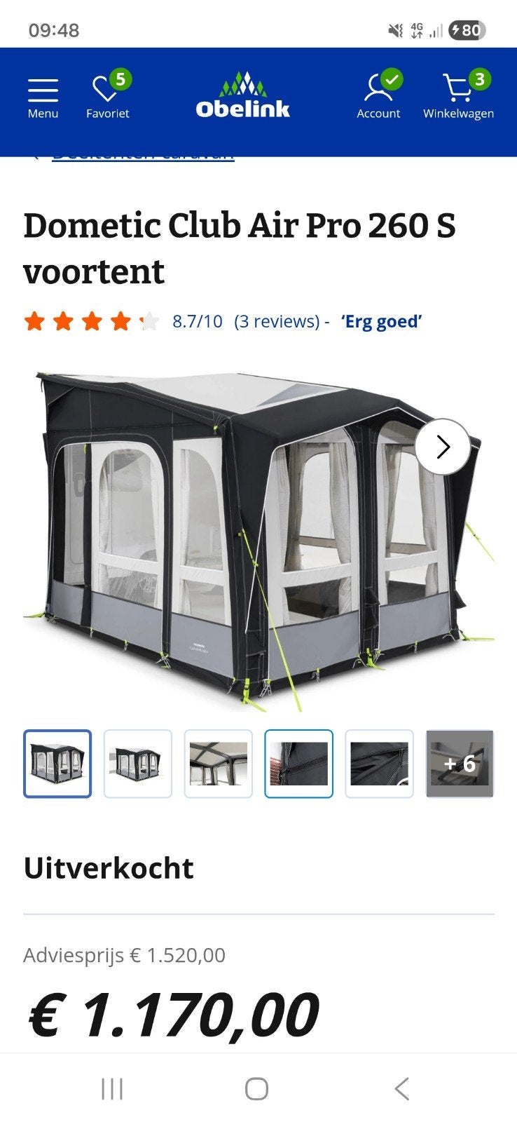 Dometic Club Air Pro 260 S voortent - en aanbouw zo goed als, Ophalen