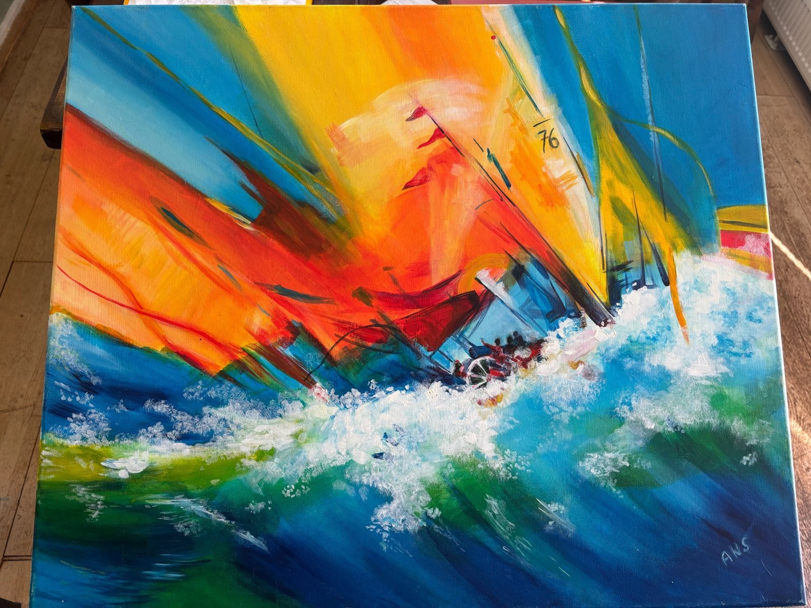 Dynamisch Zeilschip op woelige zee - Levendig Acrylschilderi, Landschap, Acrylverf, Ophalen of Verzenden, Gesigneerd