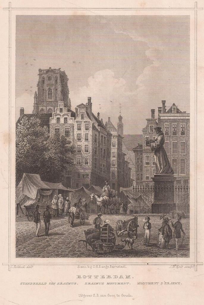 Rotterdam. Standbeeld van Erasmus Staalgravure 1858, Antiek en Kunst, Ophalen of Verzenden