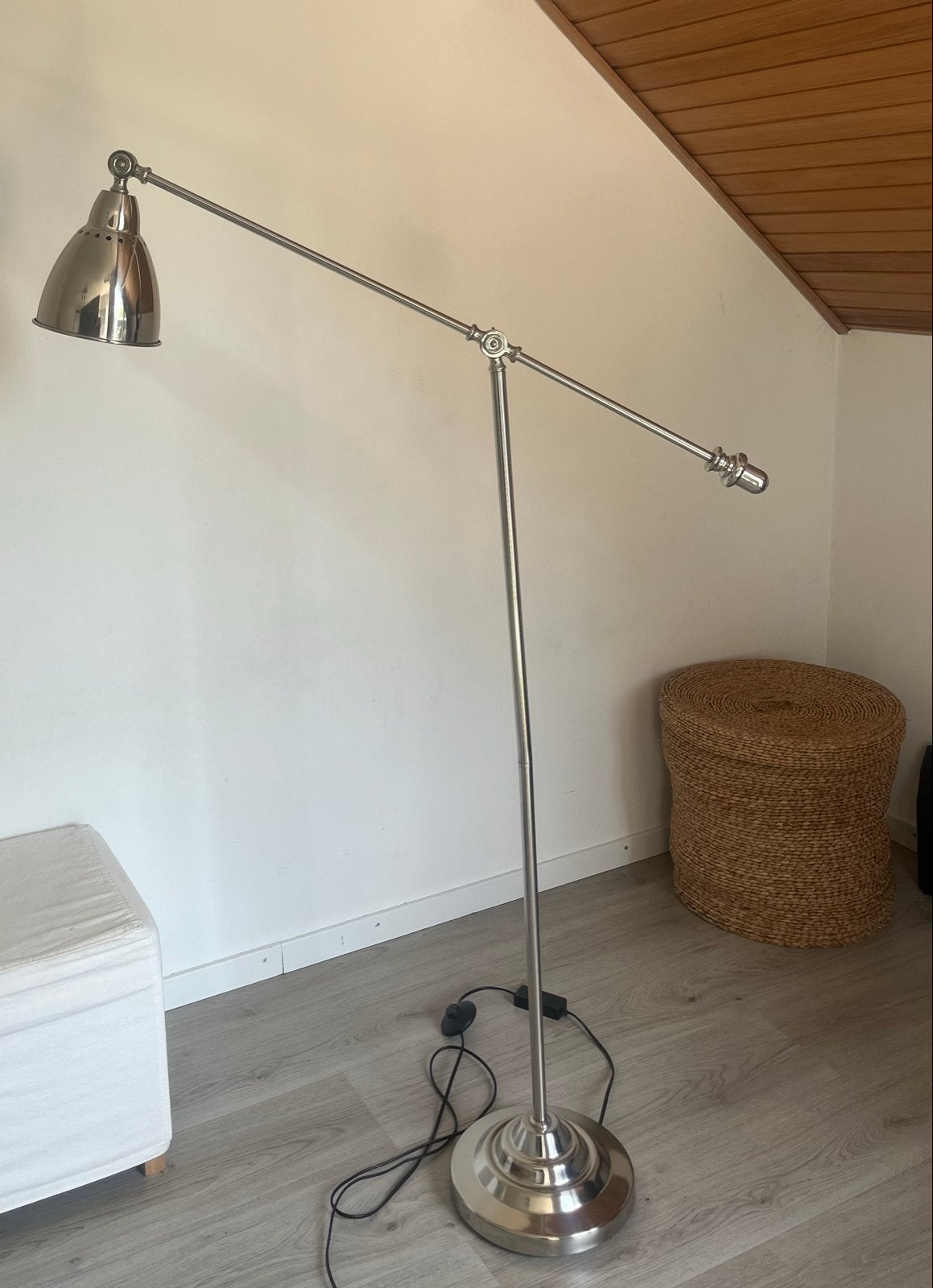Verstelbare staande lamp, zilverkleurig, modern design, Ophalen of Verzenden, Gebruikt, Metaal, 150 tot 200 cm