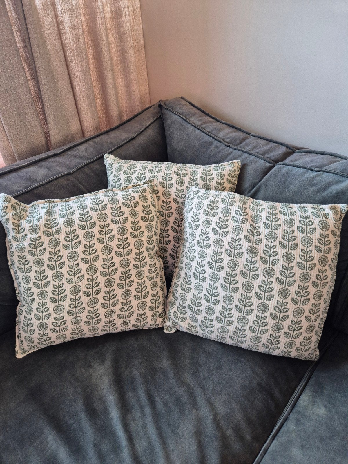3x Beige met groen sierkussen 45x45cm, Overige merken, Met print, Beige, Vierkant