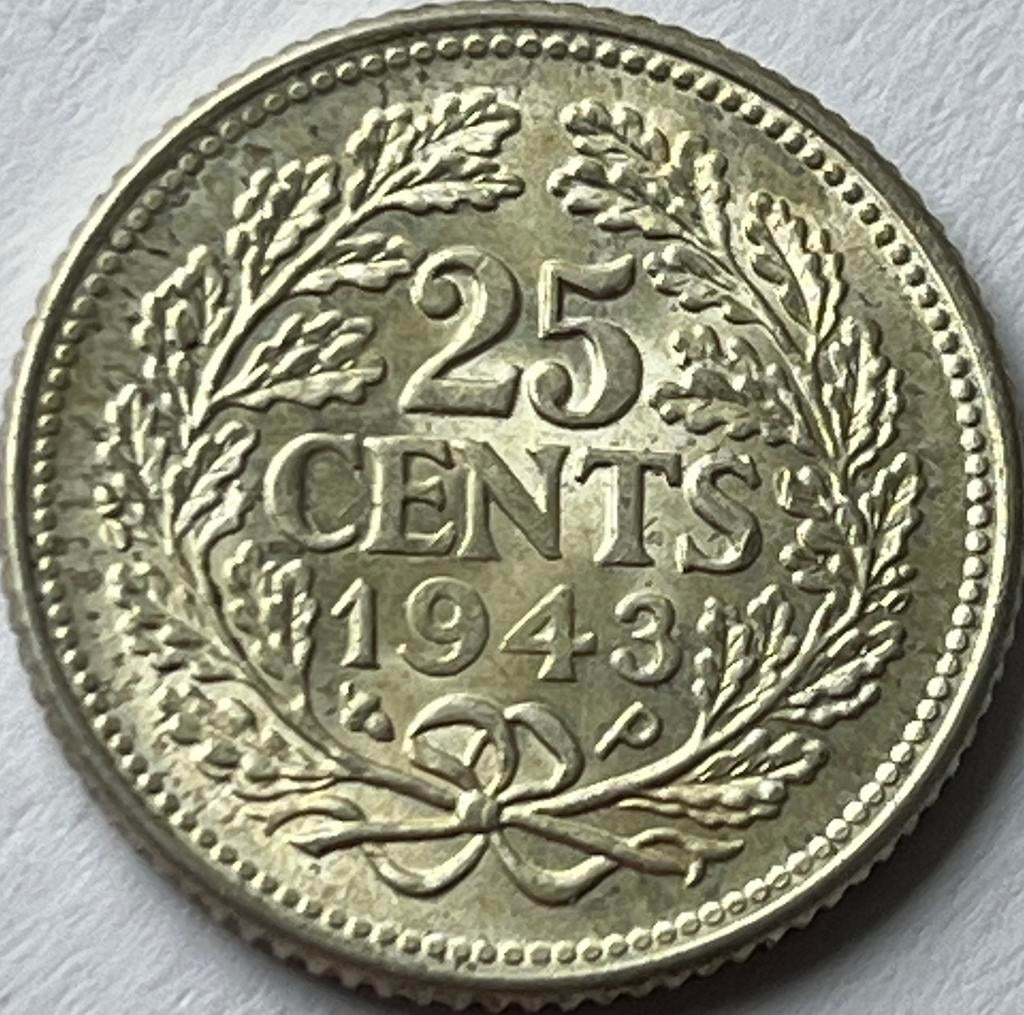 Zilveren kwartje 1943P prachtstuk!, Zilver, 25 cent, Ophalen of Verzenden, Koningin Wilhelmina