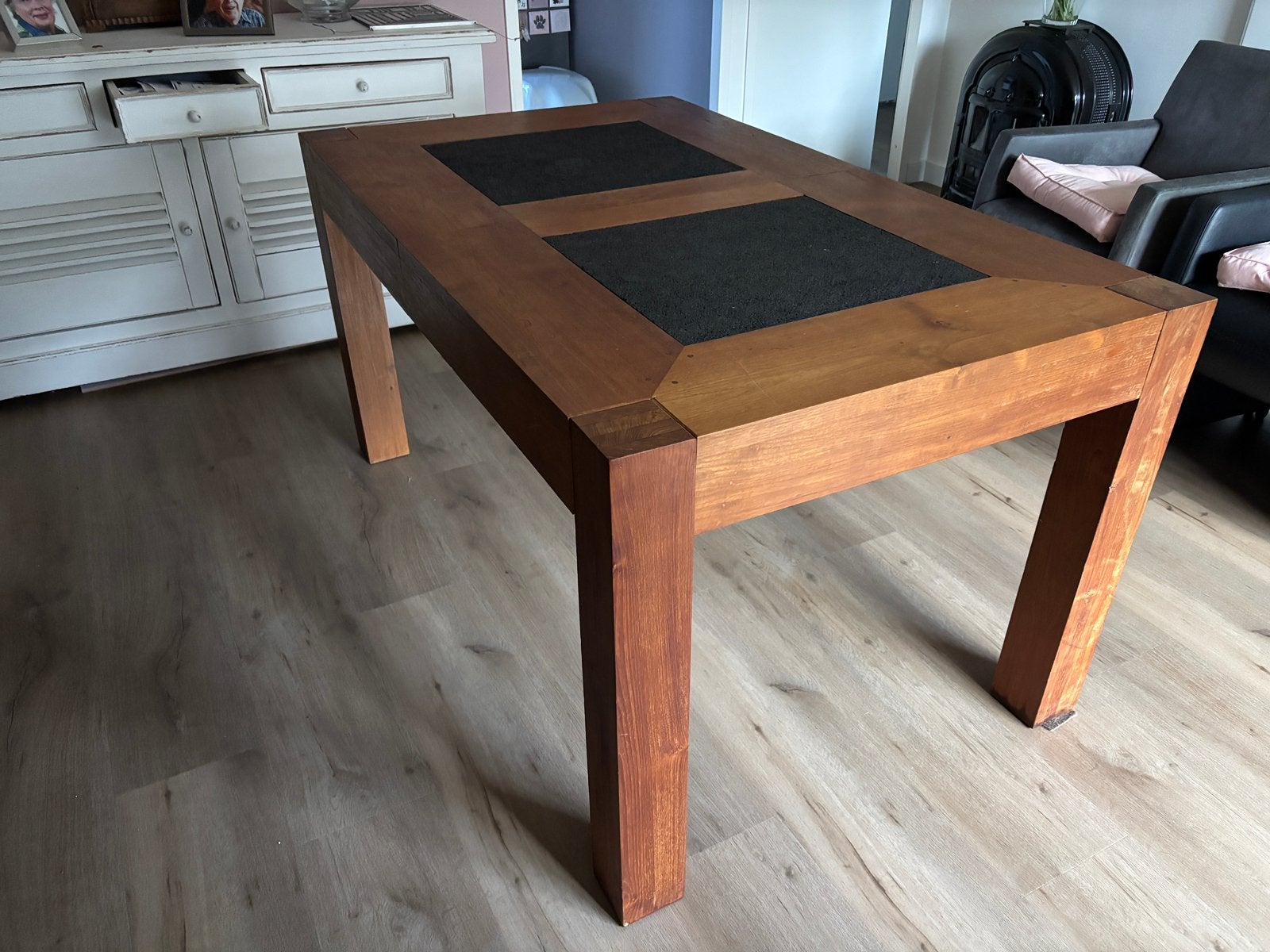 Teakhouten tafel met zwart lavasteen, Ophalen, Gebruikt, 100 tot 150 cm, Teakhout