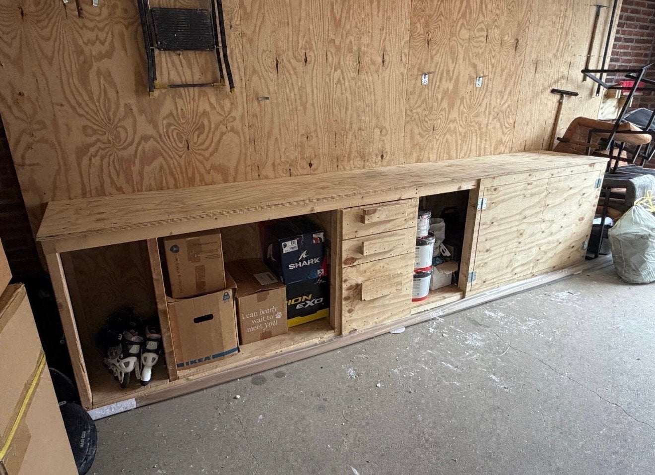 Robuuste werkbank met opbergruimte (393x63x92 cm), Ophalen, Gebruikt, 170 cm of meer