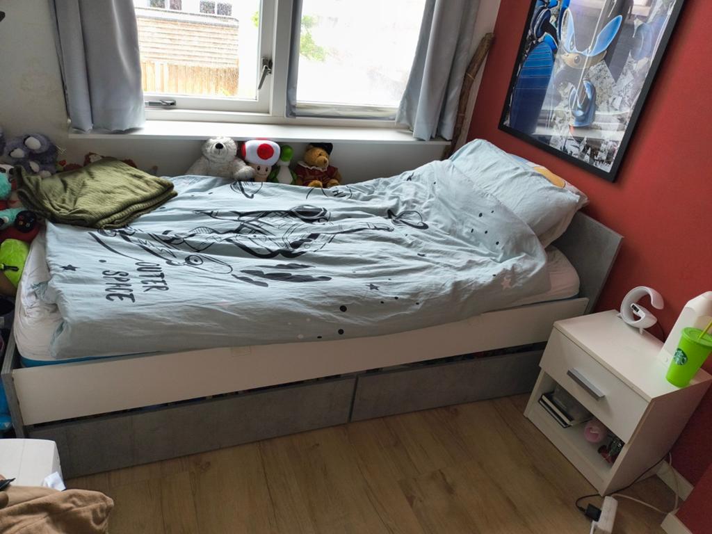 Kinderbed met opberglades en bijpassend bureau - Grijs/Wit, 90 cm, Eenpersoons, Wit, Ophalen of Verzenden