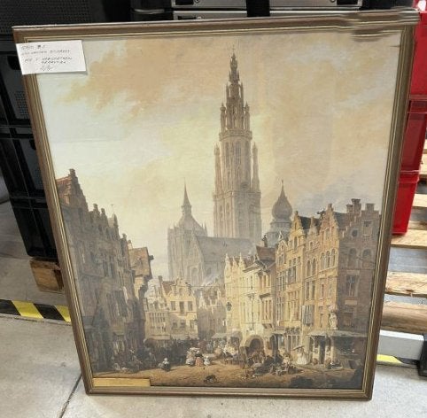 Ingelijste reproductie Eiermarkt Antwerpen 1835, Antiek en Kunst, Kunst | Tekeningen en Foto's, Ophalen