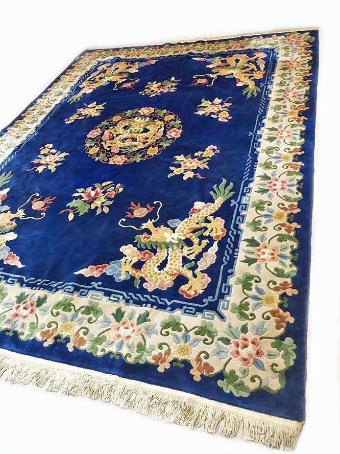 Groot Chinees tapijt handgeknoopt vloerkleed wol klassiek, Ophalen, Blauw, 200 cm of meer, Zo goed als nieuw