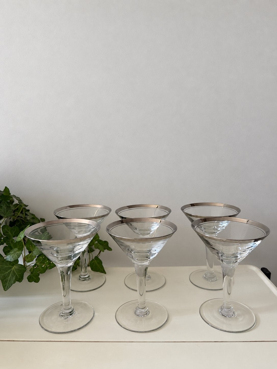 Mid Century cocktailglazen met zilverkleurige rand set van 6, Ophalen of Verzenden