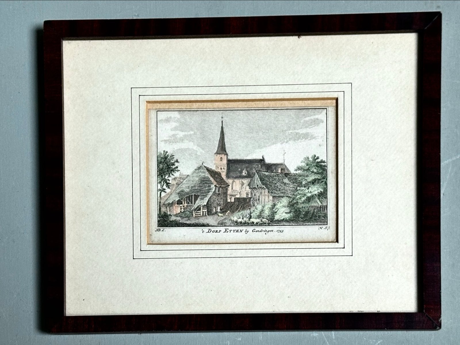 Antieke kopergravure Etten by Gendringen 1743, Ingelijst, Verzenden, Stadsgezicht, Gravure