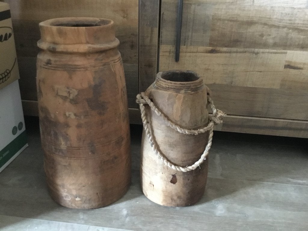 Grote houten nepalese kruik vaas pot, Gebruikt, Bruin, Ophalen of Verzenden, 40 cm