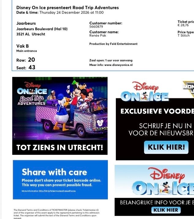 Tickets Disney on Ice 4 tickets (24 dec om 11.00), Tickets en Kaartjes, Concerten | Pop, Drie personen of meer, December