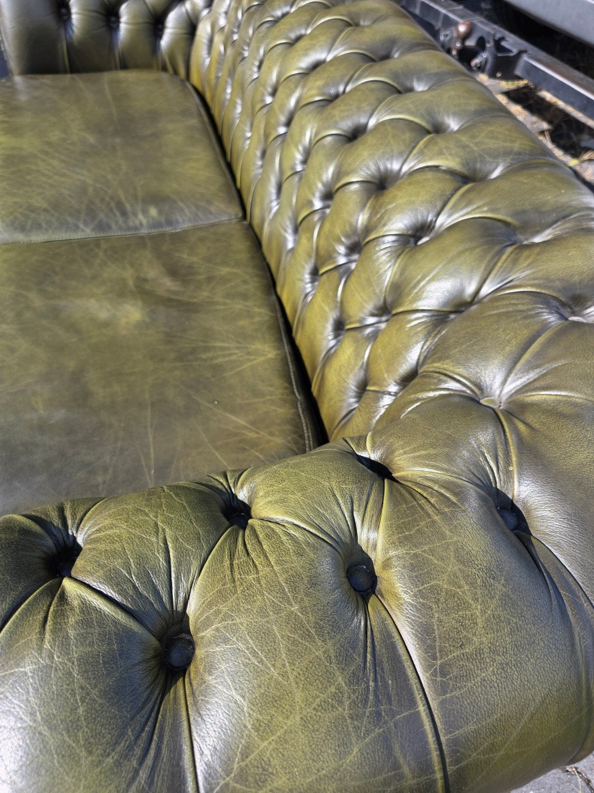Chesterfield gedelux bank in groen leer + BEZORGING GRATIS, Gebruikt, Chesterfield, Klassiek, Vintage, Onbekend, Tweepersoons