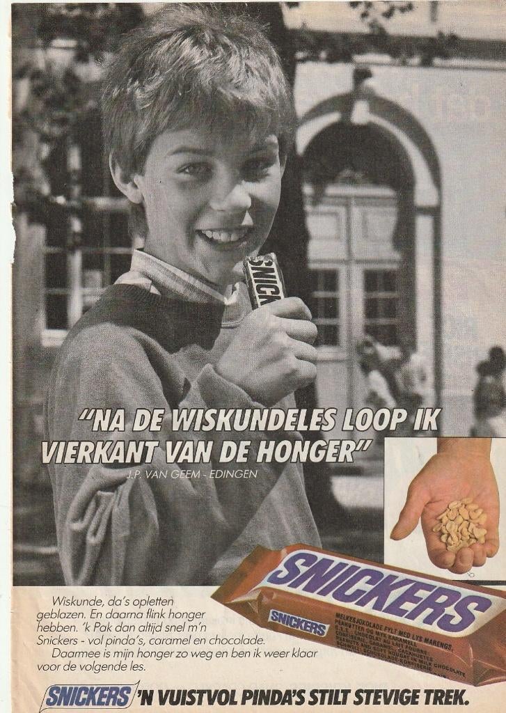 Retro reclame 1987 Snickers chocolade jongetje wiskunde, Verzamelen, Verzenden, Overige typen