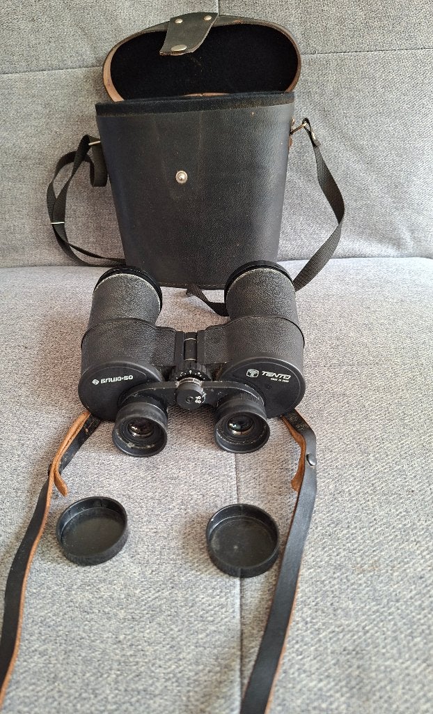 Vintage Tento БПЦ5 10x50 Verrekijker (USSR) met Lederen Tas, Ophalen, Nieuw, Porro (met knik), 8 tot 12x