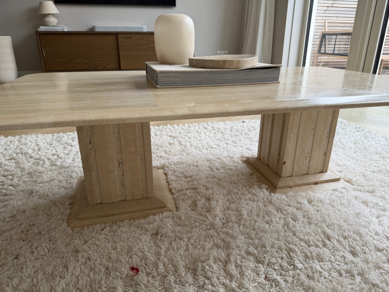 Vintage massief travertin salontafel | jaren 70/80 | XL, Huis en Inrichting, Tafels | Salontafels, Ophalen, Gebruikt, 100 tot 150 cm