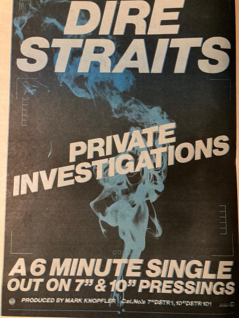 Paginagrote A3 advertentie DIRE STRAITS Private Investigatio, Cd's en Dvd's, Ophalen of Verzenden, Zo goed als nieuw