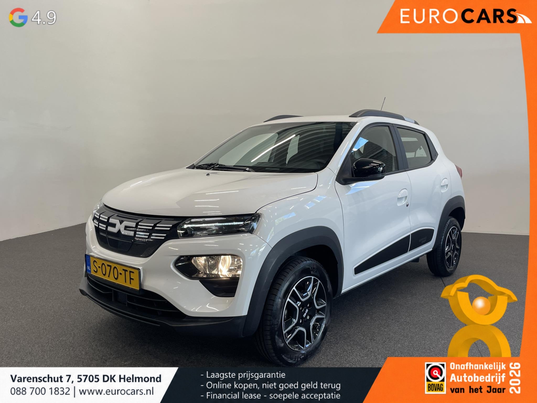 Dacia Spring Essential 27 kWh SOH 93% Airco Half leder DAB B, Auto's, Gebruikt, Zwart, 38 min, Leder en Stof