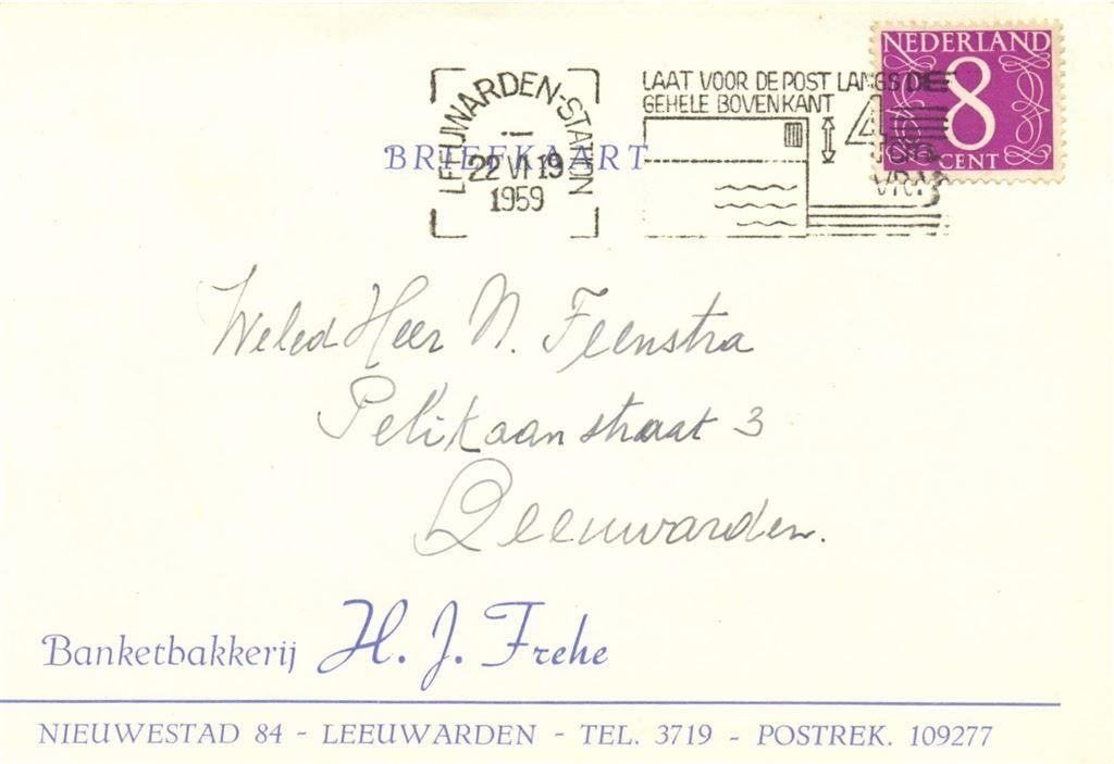 Banketbakkerij H.J. Frehe, Leeuwarden - 06.1959 - briefkaart, Ophalen of Verzenden, Briefkaart